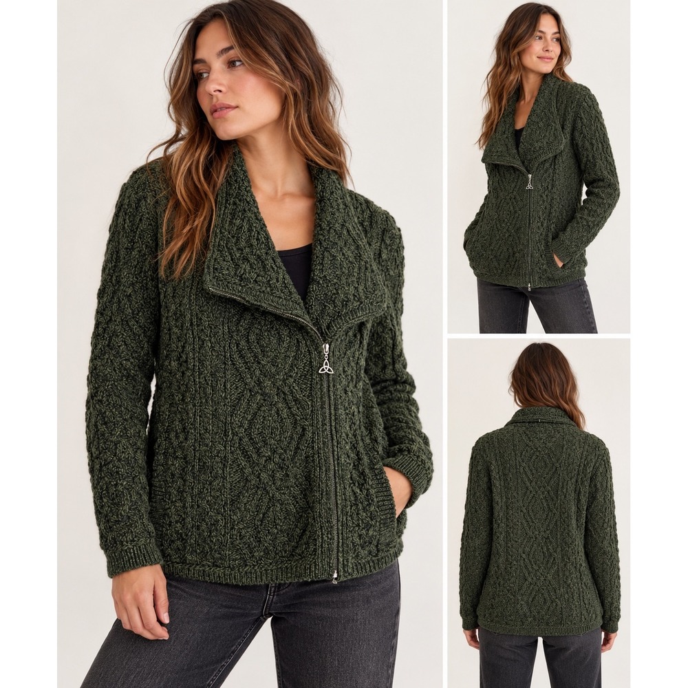 Aran Crafts Cardigan Womens S Green Asymmetrical Zip Merino Wool Irish Sweater